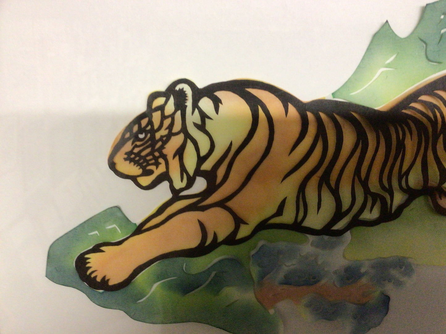 Stylish Vintage Framed Chinese Tiger & Landscape Fan Paper Cut Art