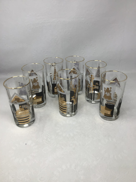 MCM Highball Glasses “Seven Wonders of the World”, Set of 7
