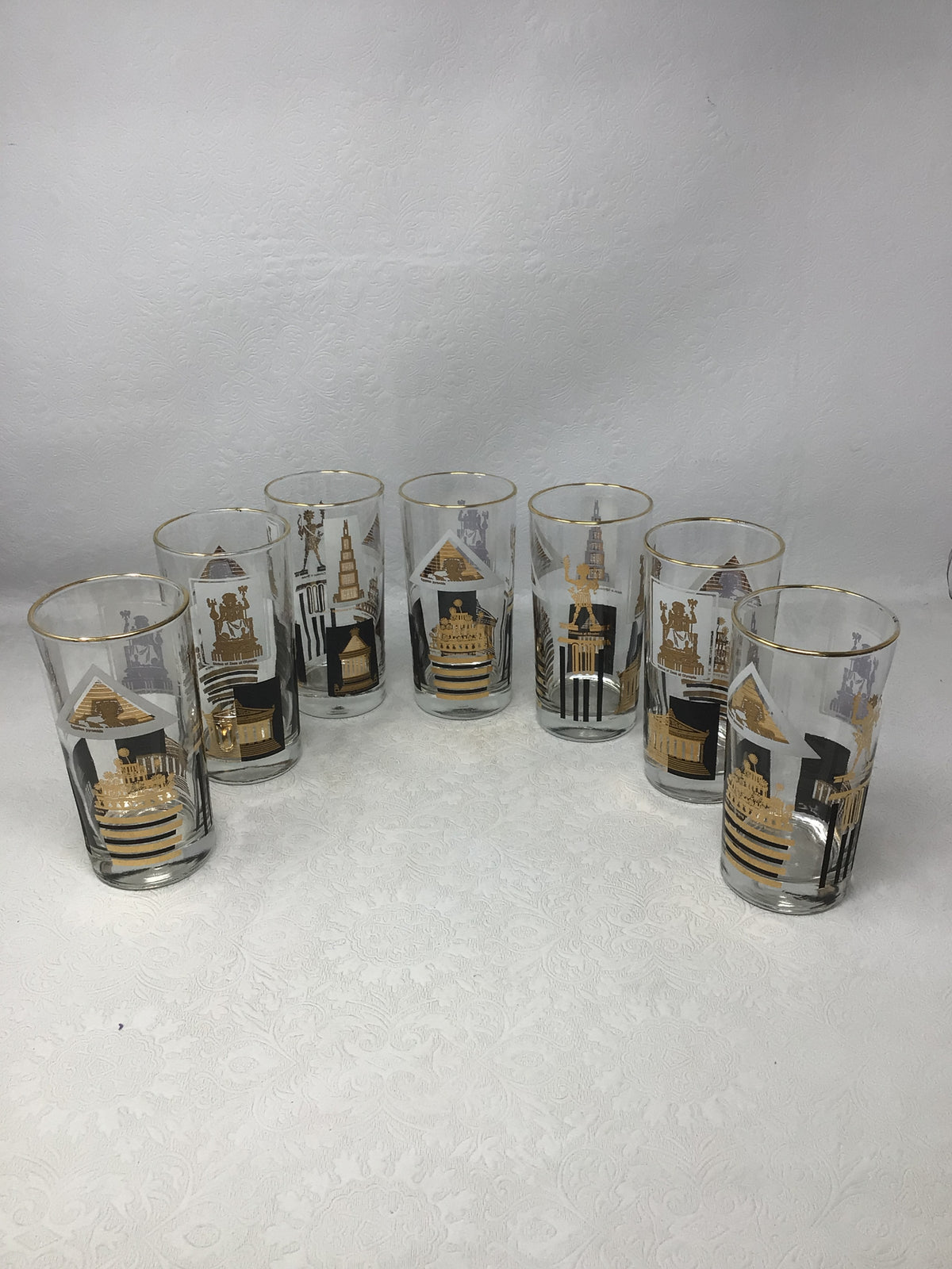 MCM Highball Glasses “Seven Wonders of the World”, Set of 7