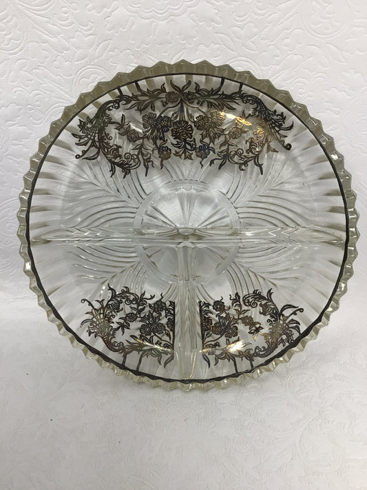 Glass Relish Dish with Silver Overlay