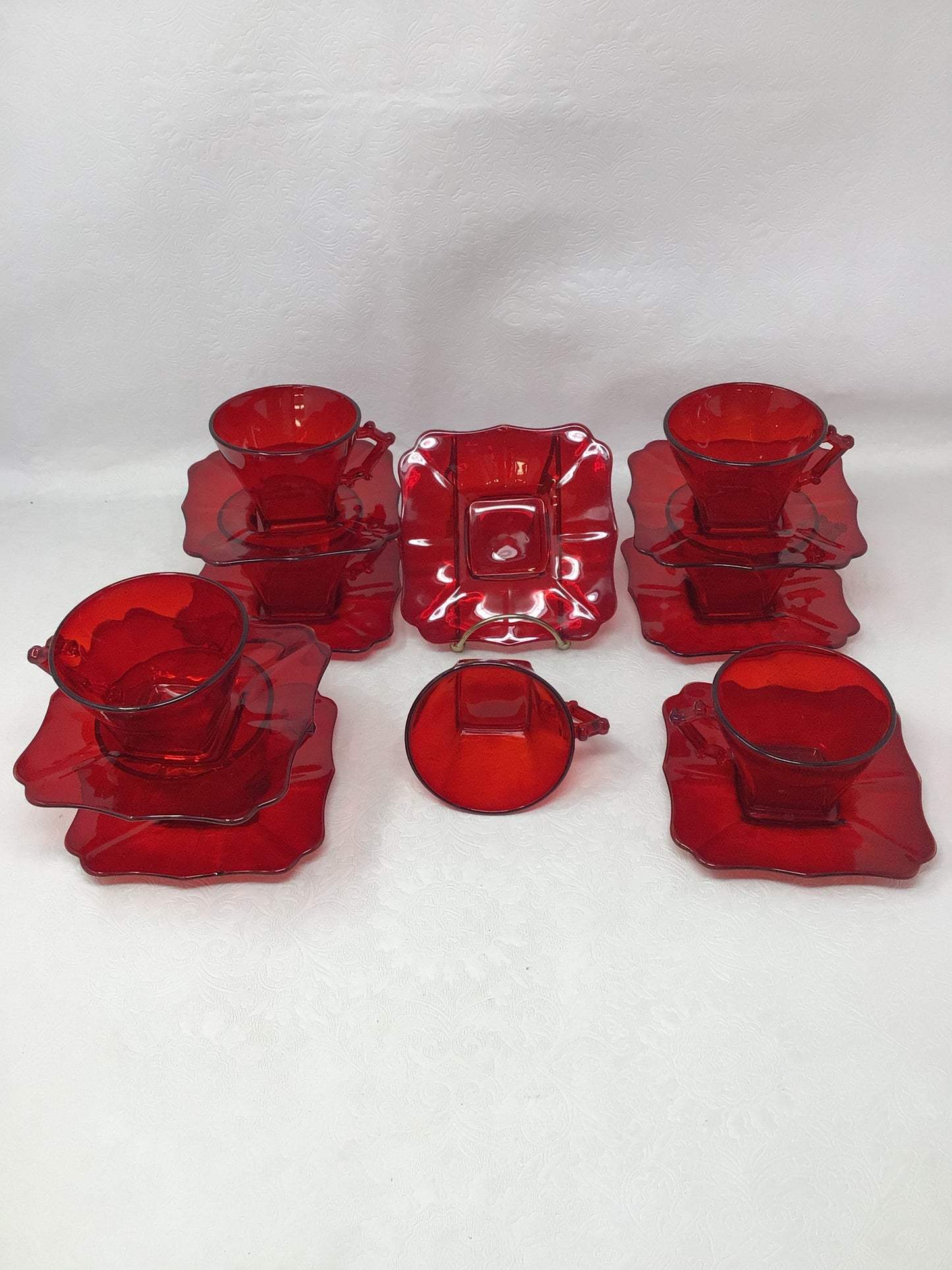 Ruby Red “Argus” Glass Teacups and Saucers, Set of 8