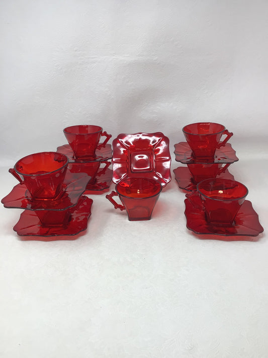 Ruby Red “Argus” Glass Teacups and Saucers, Set of 8
