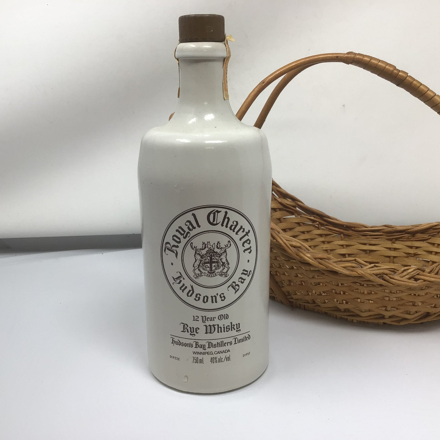Vintage Hudson’s Bay 1973 Royal Charter Whiskey Bottle in Wicker Carrier