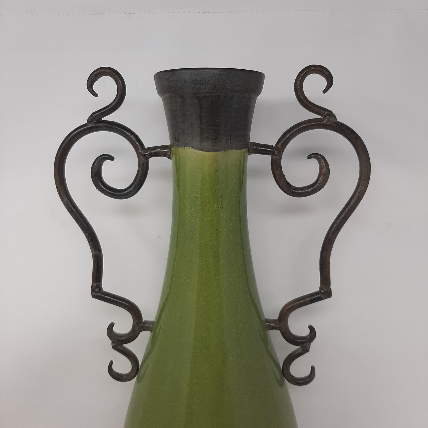 Tall Green Ceramic Urn With Scroll Handles