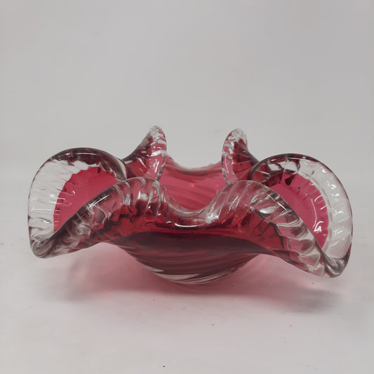 Cranberry "Ridged Swirls" Art Glass Bowl