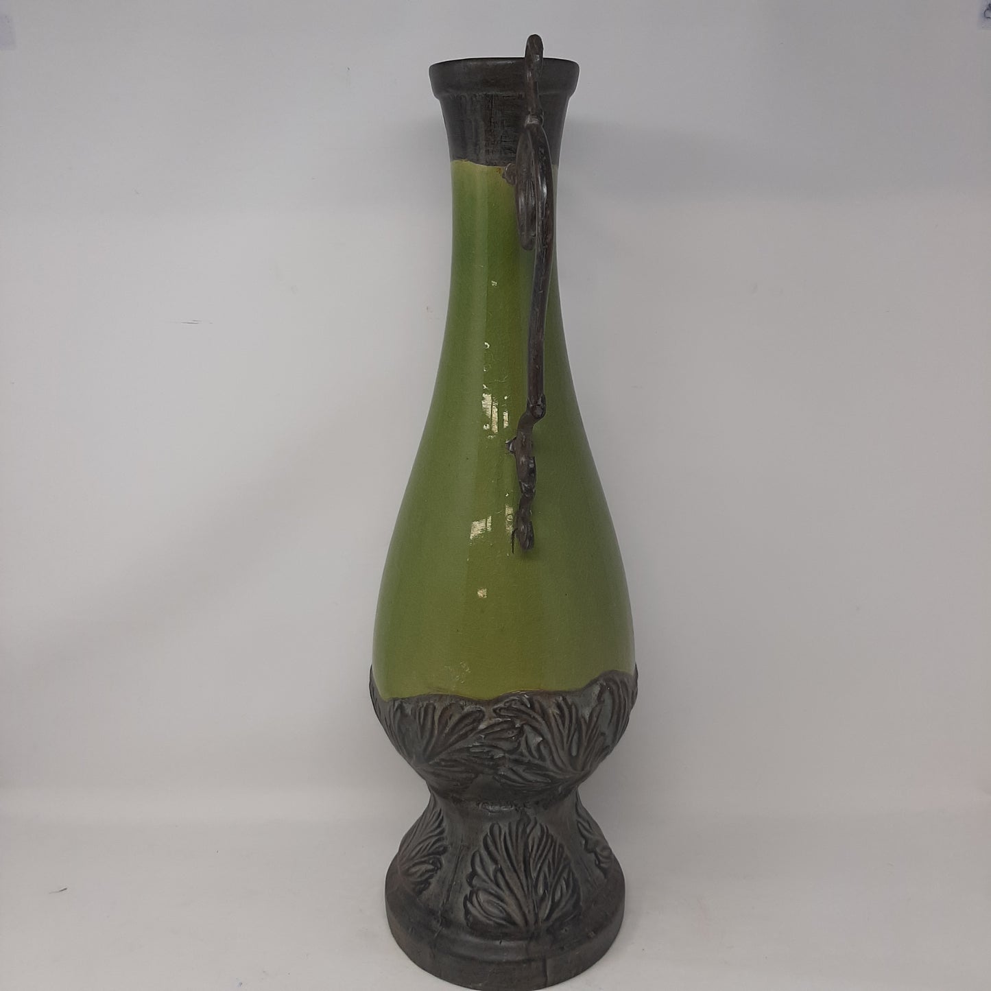 Tall Green Ceramic Urn With Scroll Handles