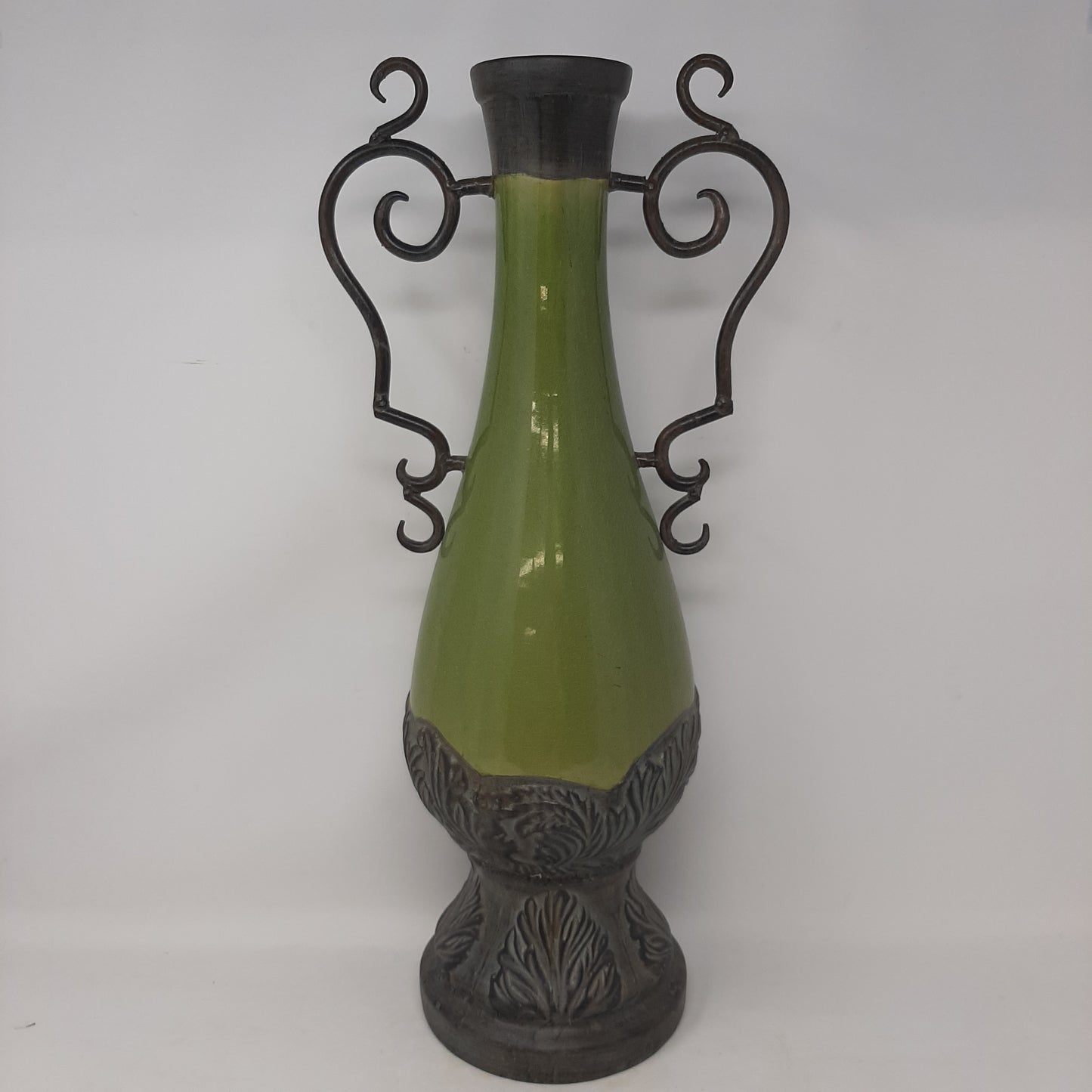 Tall Green Ceramic Urn With Scroll Handles